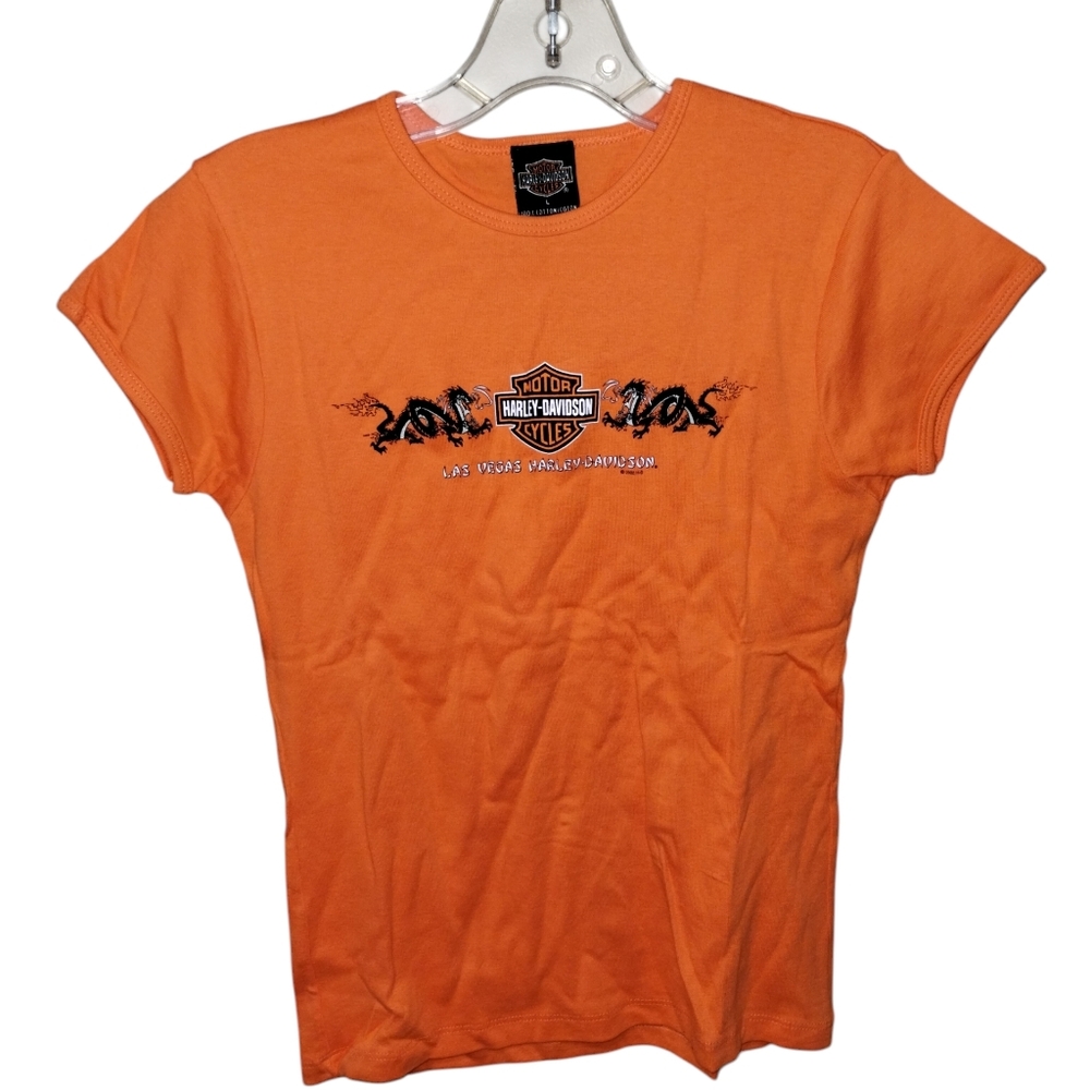 Vtg '02 Harley Davidson Las Vegas Dragon L Orange Cotton